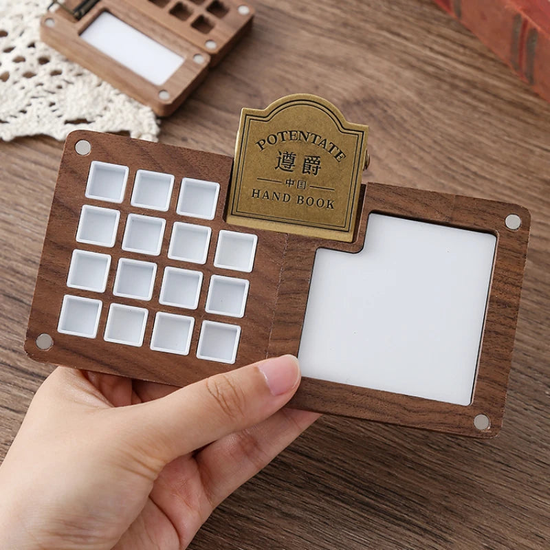 Travel Portable Empty Walnut Watercolor Palette Set Magnetic Clip 15 Grid Paint Box Student Sketching Painting Art Supplies