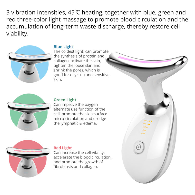 Thermal Neck LiftingSkin and SatinMy StoreThe Thermal Neck Lifting and Massager is a color light beauty instrument that can clean skin, EMS care, warm moisturize, and integrate positive ions + negative ions Thermal Neck Lifting and Massager