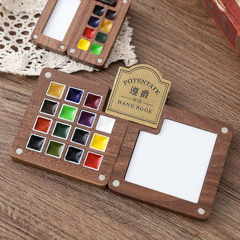 Travel Portable Empty Walnut Watercolor Palette Set Magnetic Clip 15 Grid Paint Box Student Sketching Painting Art Supplies