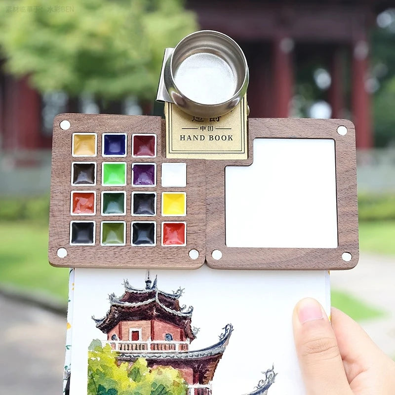 Travel Portable Empty Walnut Watercolor Palette Set Magnetic Clip 15 Grid Paint Box Student Sketching Painting Art Supplies