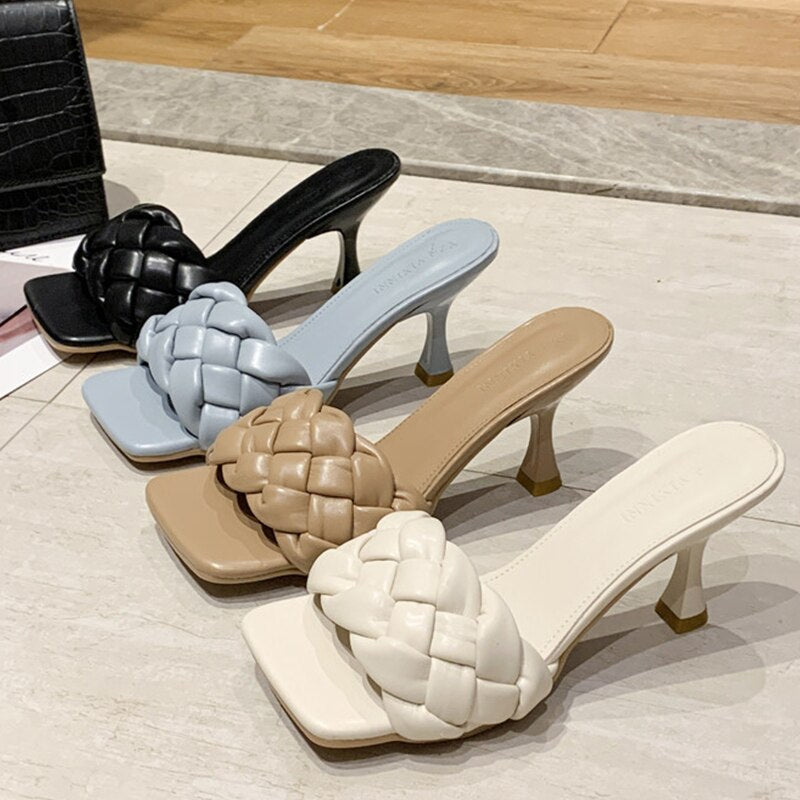 Luxury Slides Women 8Cm High Heels Mules Fetish Pumps Individual Weave Leisure Blue Office Ladies Prom Slippers Women'S Shoes