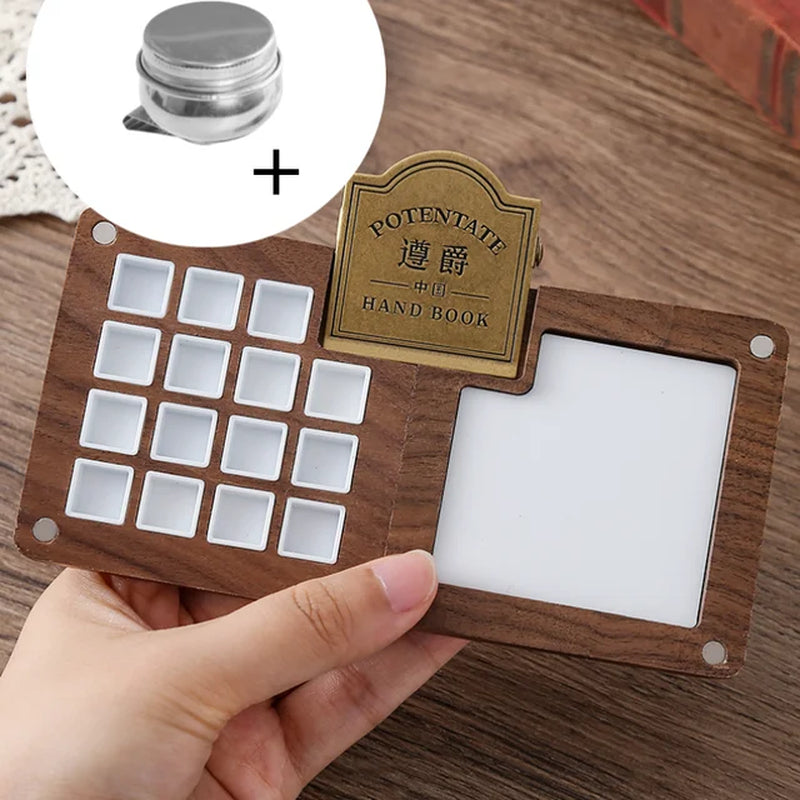 Travel Portable Empty Walnut Watercolor Palette Set Magnetic Clip 15 Grid Paint Box Student Sketching Painting Art Supplies