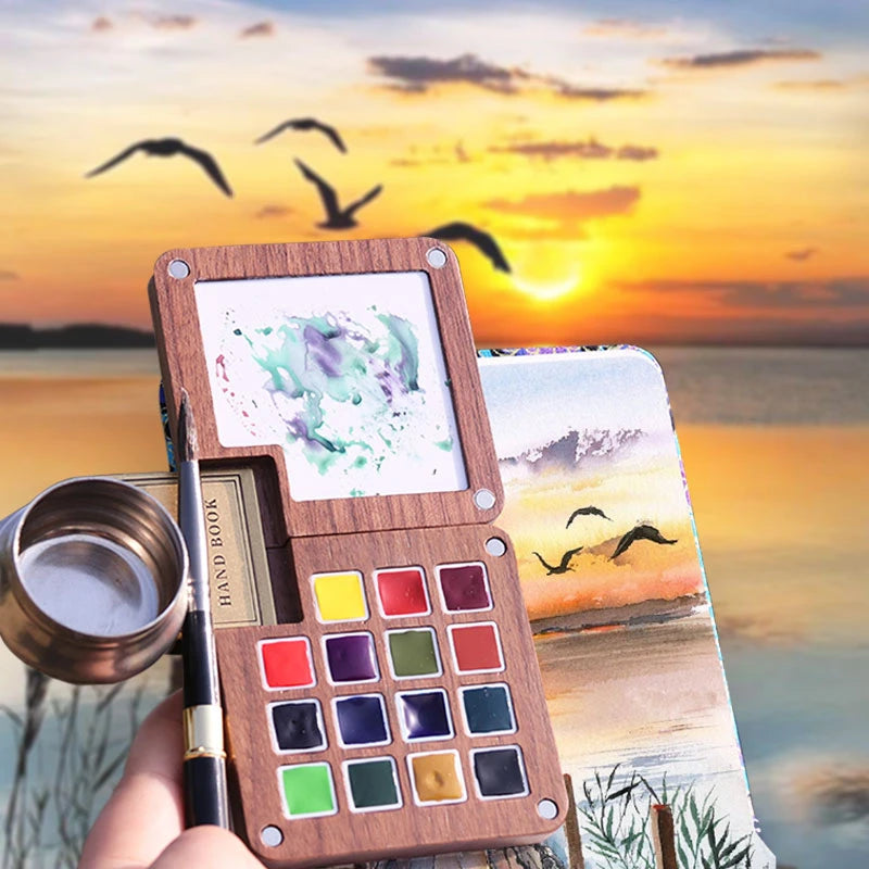 Travel Portable Empty Walnut Watercolor Palette Set Magnetic Clip 15 Grid Paint Box Student Sketching Painting Art Supplies