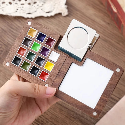 Travel Portable Empty Walnut Watercolor Palette Set Magnetic Clip 15 Grid Paint Box Student Sketching Painting Art Supplies