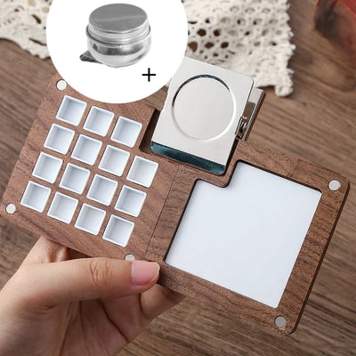 Travel Portable Empty Walnut Watercolor Palette Set Magnetic Clip 15 Grid Paint Box Student Sketching Painting Art Supplies